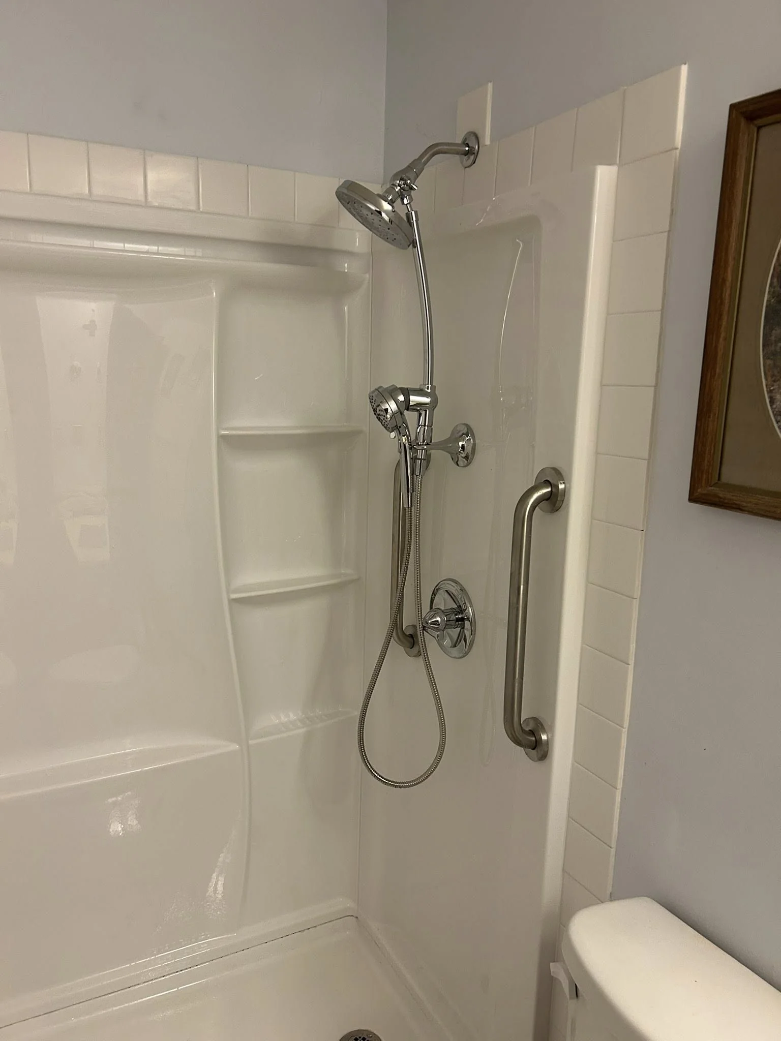 Chrome shower head and handheld combo with grab bar