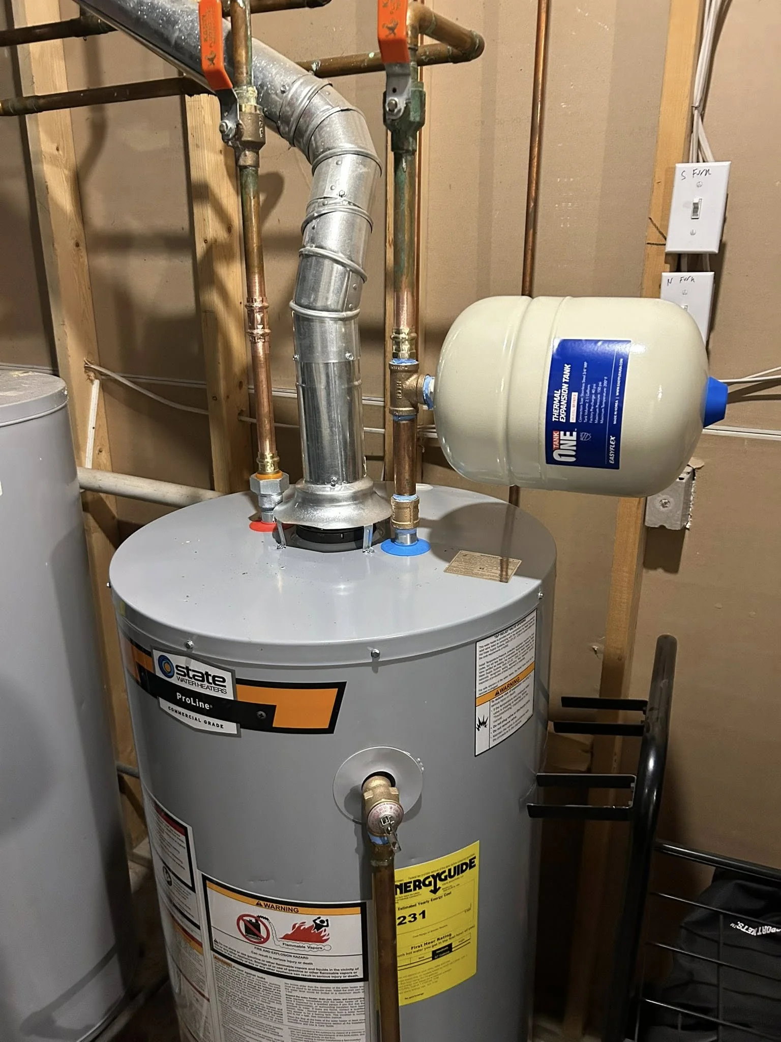 Water heater connections and thermal expansion tank close-up
